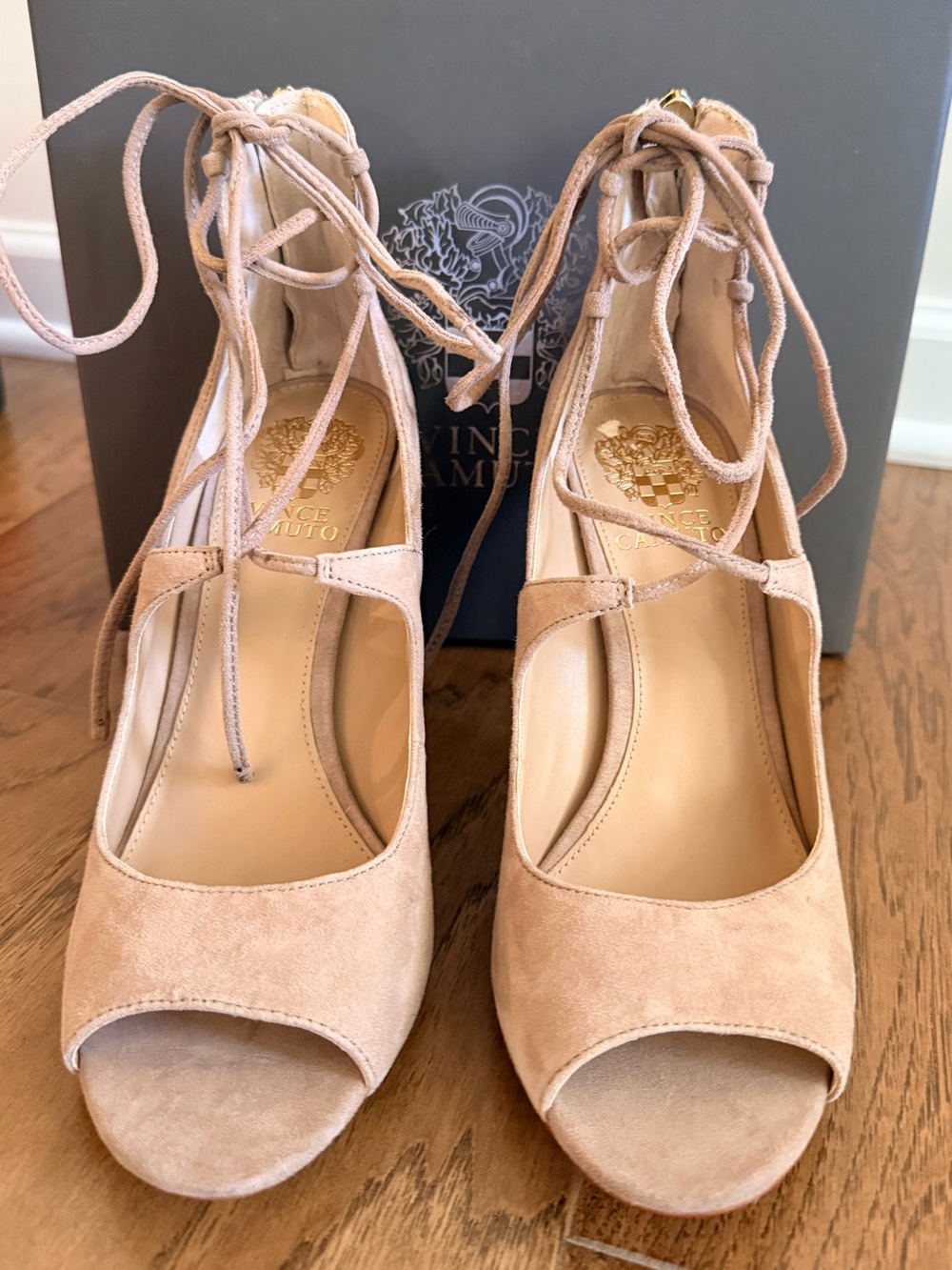 Vince Camuto Suede Lace-Up Peep Toe Heels - Nude